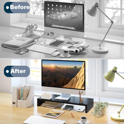 TEAMIX 20 inch White Monitor Stand Riser, Wood Desktop Stand for PC/TV/Laptop/Printer, White Monitor Riser with Storage, Computer Stand with Keyboard Organizer