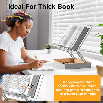 Book Stand with Storage, Book Holder for Reading Hands Free, Wooden Cookbook Stand for Kitchen Counter, Adjustable Reading Stand for Desk, Recipe Stand, Book Prop for Book Lovers