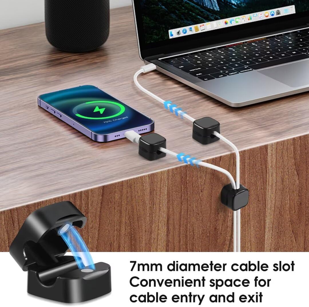 VZZNN 12 Pack Cable Holders Clips Magnetic Desk Cable Organizer Adjustable Cable Management Holder Self Adhesive Cord Holder for Desk Nightstand HDMI USB Audio Cable (White, Black)