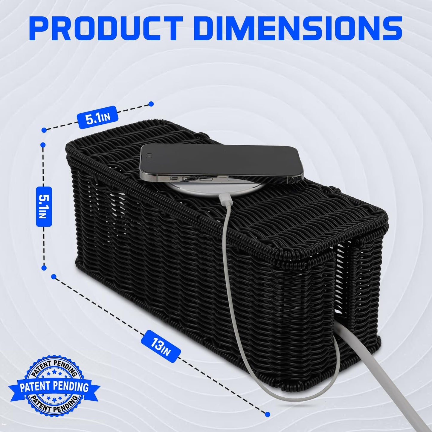 Cable Management Box, Handmade Rattan Cable Organizer with 2 Open Slots, Cord Hider for Power Strip, Router & USB Hub, Registered U.S. Design Patent (D1,112,102), 13" x 5.1" x 5.1", Natural