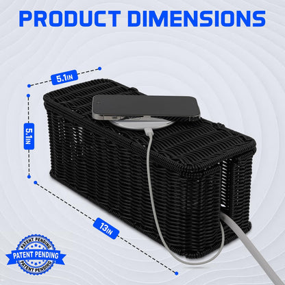 Cable Management Box, Handmade Rattan Cable Organizer with 2 Open Slots, Cord Hider for Power Strip, Router & USB Hub, Registered U.S. Design Patent (D1,112,102), 13" x 5.1" x 5.1", Natural