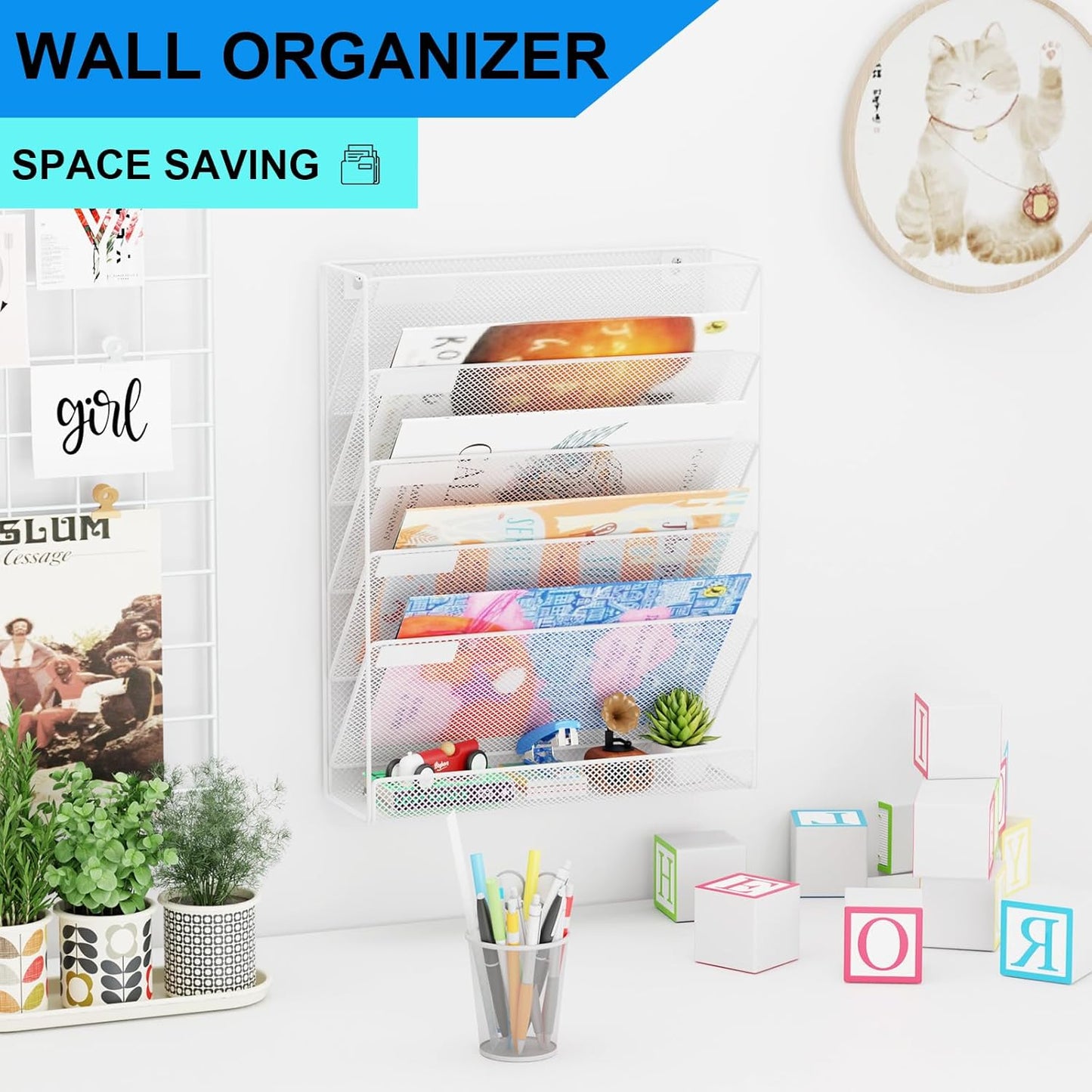 Wall File Organizer Holder Mesh Hanging Paper Document Holder,Vertical 6 Pocket Tier for Office Home, Black