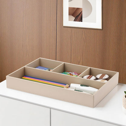 KINGFOM Pu Leather Desk Organizer Tray, 4 Compartment Office Storage Supplies Stationery Drawer Tray, Nightstand Bedside Tray for Key, Wallet, Watch, Coin, Phone Valet Tray Stackable