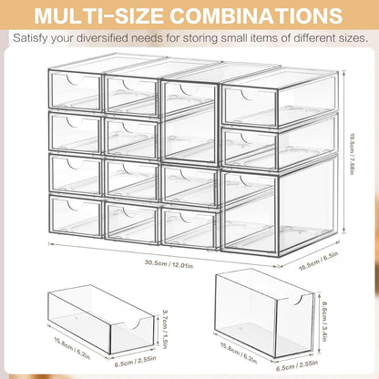 Desk Organizer with 14 Drawers, FODIENS 14 Packs Acrylic Stackable Desktop Storage Drawer Makeup Organizer, Clear Craft Storage Box Cabinets for Office Vanity Countertop Bathroom Bedroom