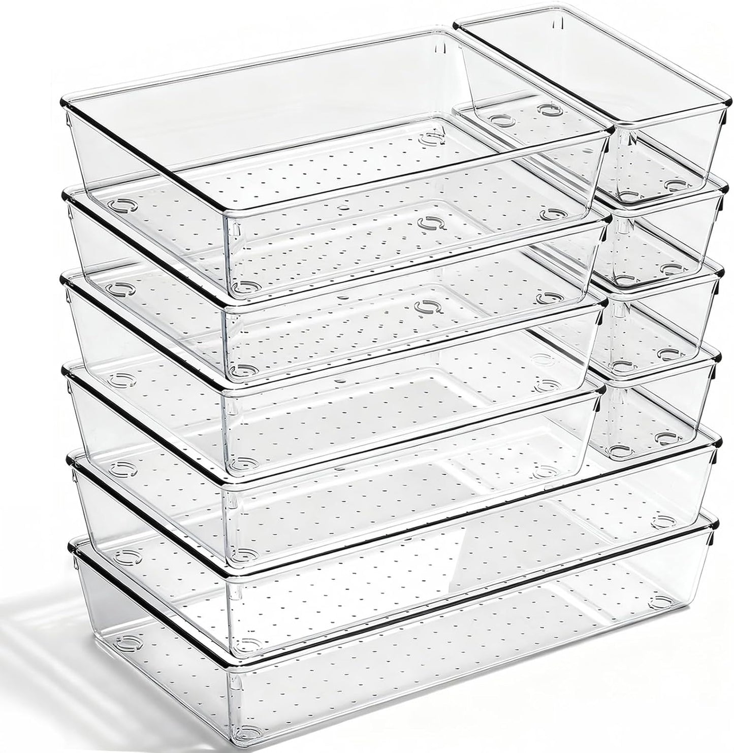 8 Pack Large Clear Plastic Drawer Organizer Bins - Acrylic Bathroom Drawer Organizer Trays - Heavy Duty Kitchen Drawer Dividers for Utensils - Non-Slip Storage Bins for Makeup, Bedroom, Office Desk