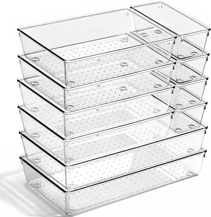 8 Pack Large Clear Plastic Drawer Organizer Bins - Acrylic Bathroom Drawer Organizer Trays - Heavy Duty Kitchen Drawer Dividers for Utensils - Non-Slip Storage Bins for Makeup, Bedroom, Office Desk