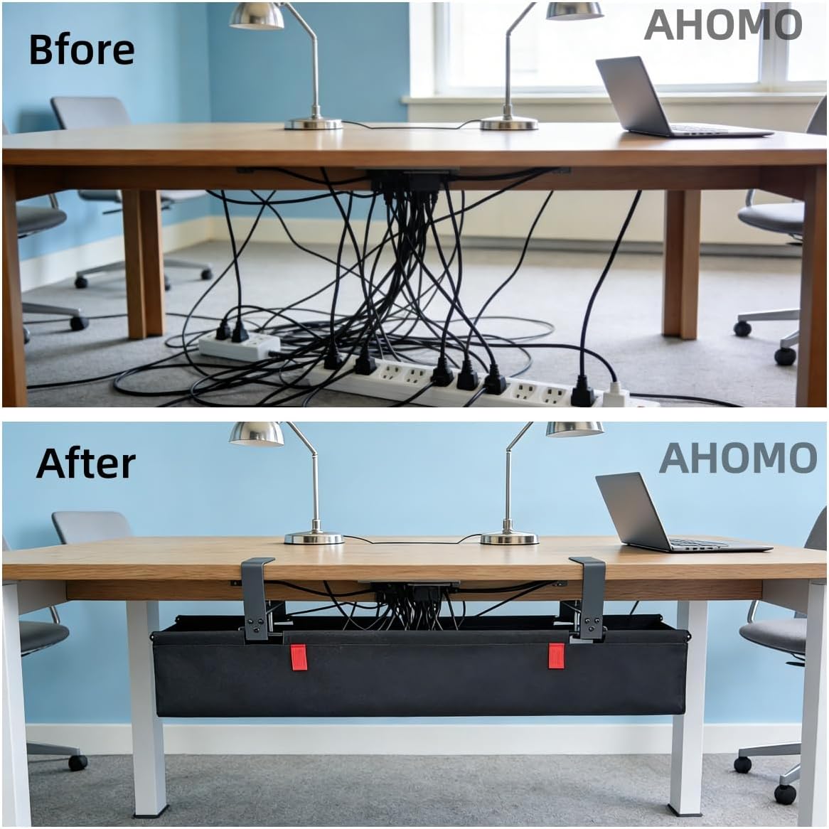 Under Desk Cable Management No Drill – 36" L x 6" W Cord Organizer, Upgraded Silicone Pads (No Scratch), 16 Cable Slots, Washable PE Honeycomb Base, Fits Desks 0–2.1" Thick, Black