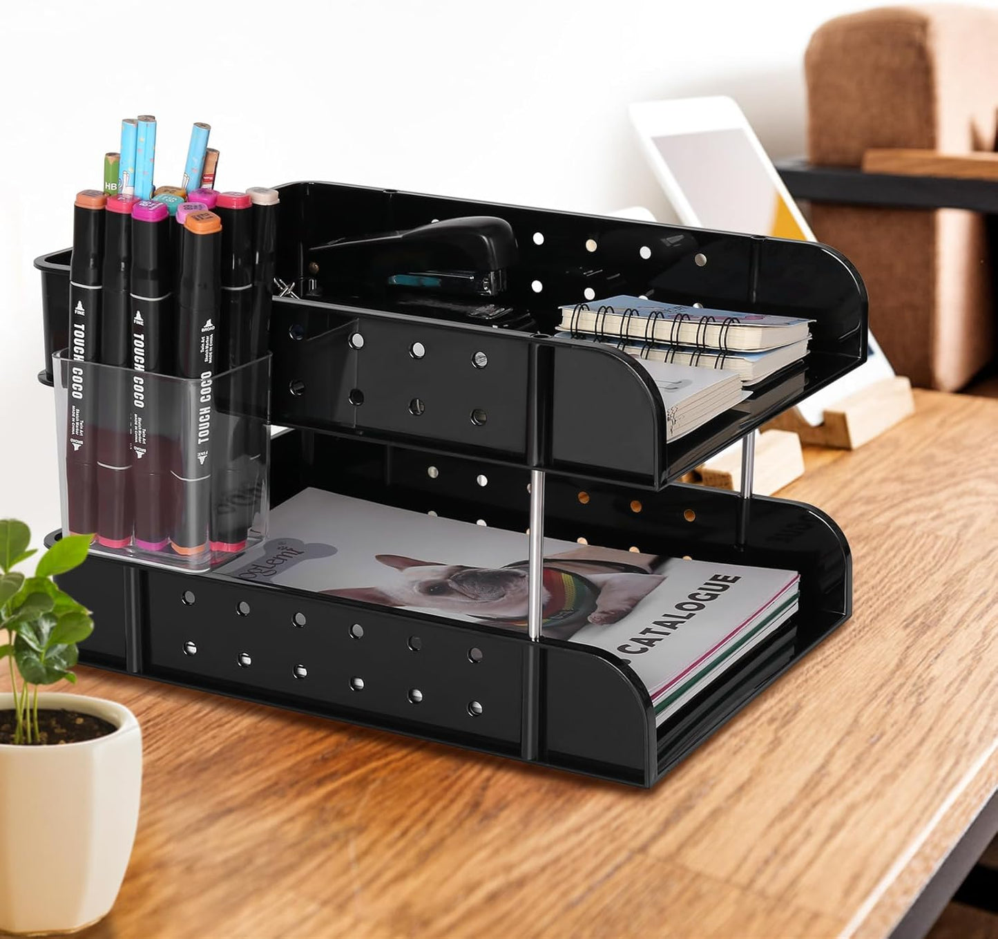 Letter Tray, Desk Organizer Tray, A4 Plastic Paper Tray Organizer for Desk, Stackable Rectangular Inbox Mail File Holder, Drawer Organizer for Desk Accessories Office School Home Supplies (Black)