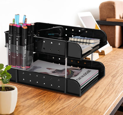 Letter Tray, Desk Organizer Tray, A4 Plastic Paper Tray Organizer for Desk, Stackable Rectangular Inbox Mail File Holder, Drawer Organizer for Desk Accessories Office School Home Supplies (Black)
