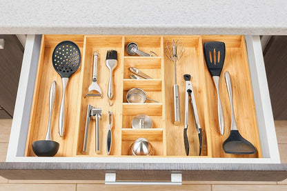Umilife Expandable Kitchen Drawer Organizer, 2.5" High Bamboo Utensils Silverware Tray, Adjustable Large Deep Wood Organization Holder