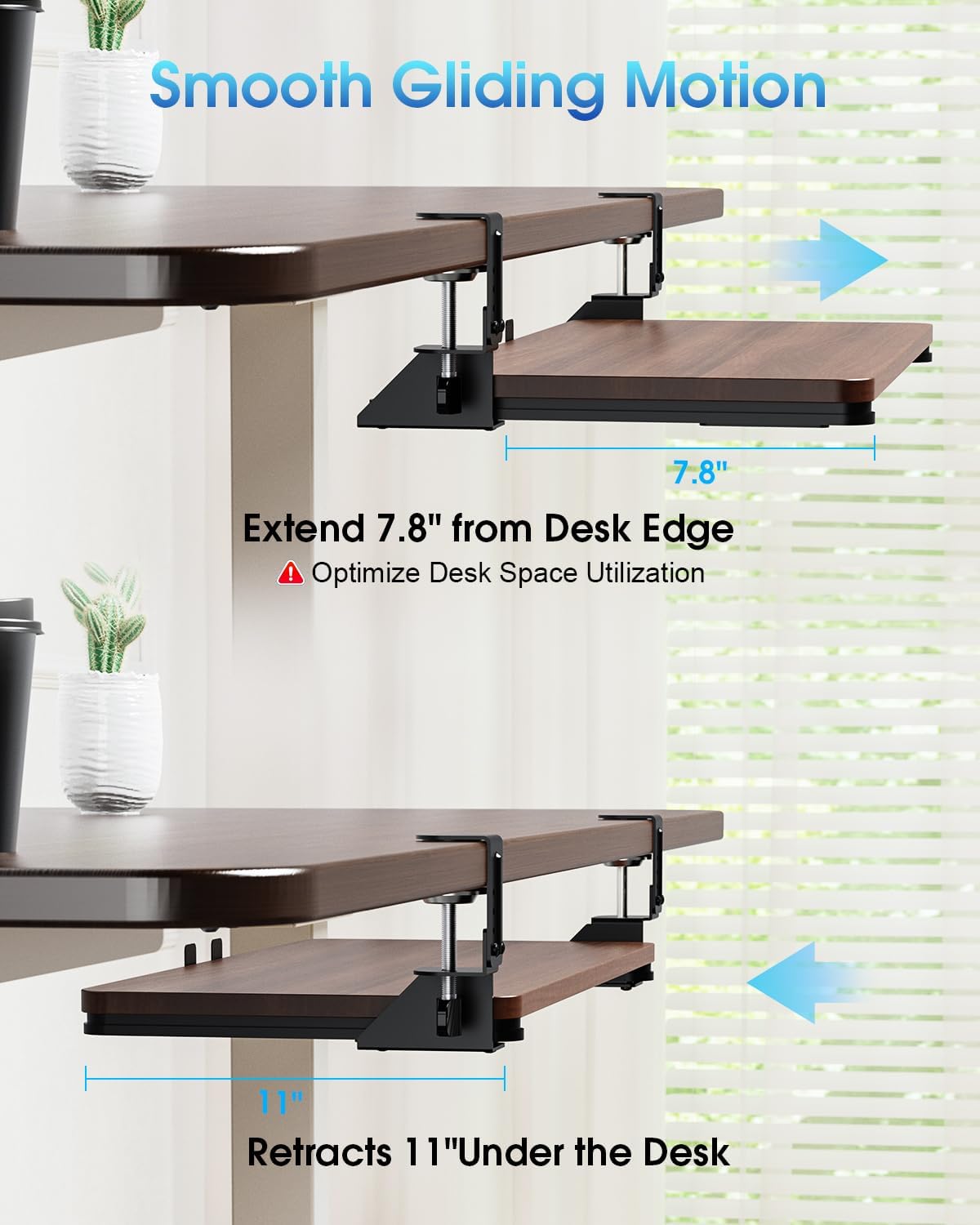 Large Keyboard Tray Under Desk, Pull Out Keyboard & Mouse Tray with Adjustable C-clamp, 25.6(31.5 Including Clamps) x 11.8 Inch Slide Out Computer Keyboard Drawer Mouse Tray for Typing, Brown