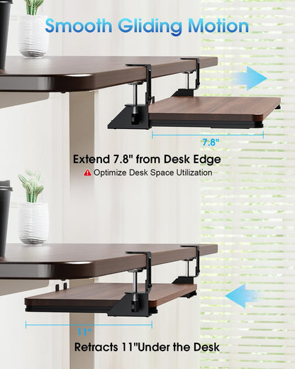 Large Keyboard Tray Under Desk, Pull Out Keyboard & Mouse Tray with Adjustable C-clamp, 25.6(31.5 Including Clamps) x 11.8 Inch Slide Out Computer Keyboard Drawer Mouse Tray for Typing, Brown