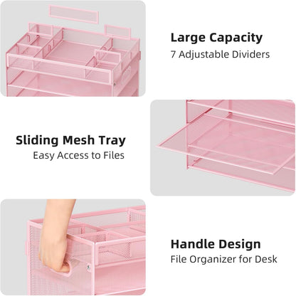 Marbrasse 5-Tier Letter Tray Paper Organizer with Handle, Multi-Functional Mesh File Organizer for Desk, Adjustable Compartments Mesh Desktop Storage for Office Supplies,Black