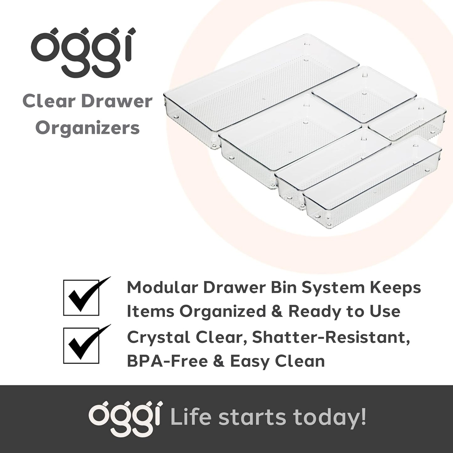 Oggi Set of 5 Clear Drawer Organizers - (1) 3x6.25, (2) 3x9.5, (2) 3x12.5 - Ideal for Organizing Kitchen Drawers, Office, Desk, Silverware, Kitchen Utensils, Cosmetics and Bathrooms