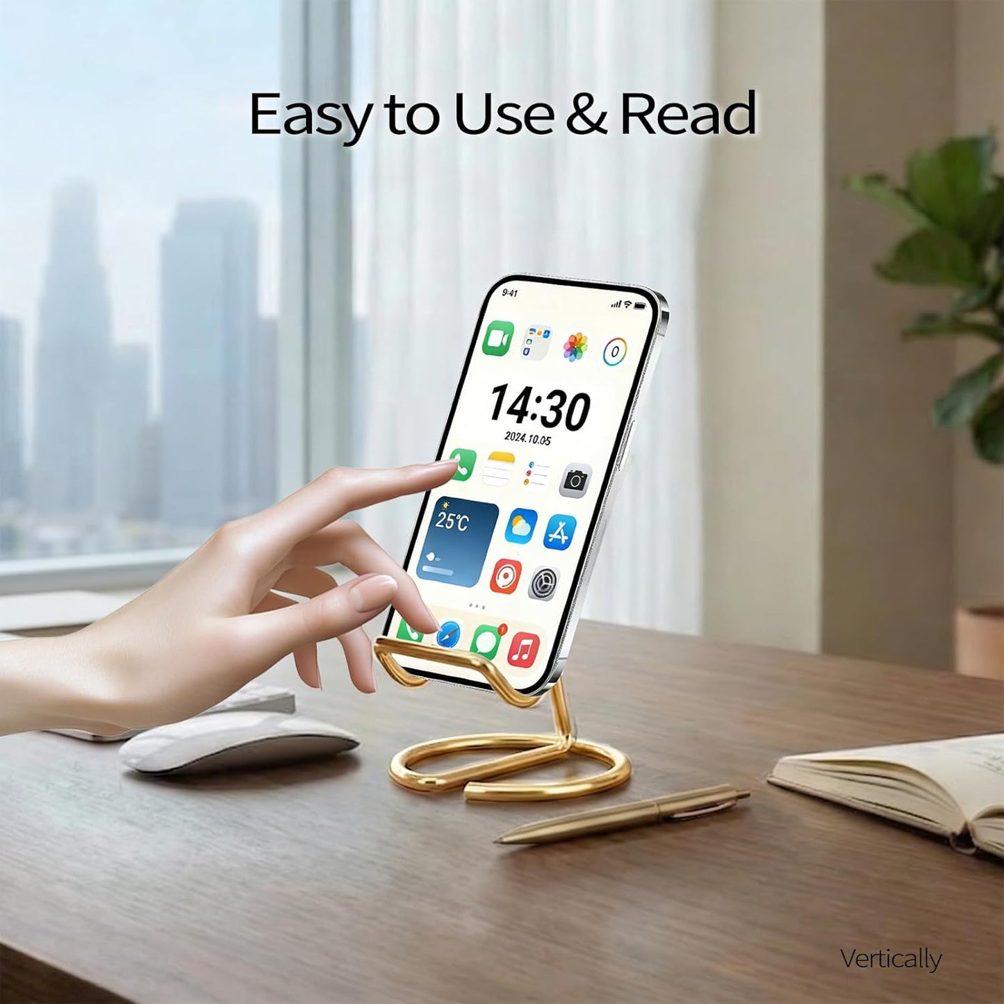 Phone Stand for Desk, Sturdy Metal Gold-Plated Phone Stand for Office Desk, Hands-Free Phone Charging Holder for Phone Calling and Watching Videos