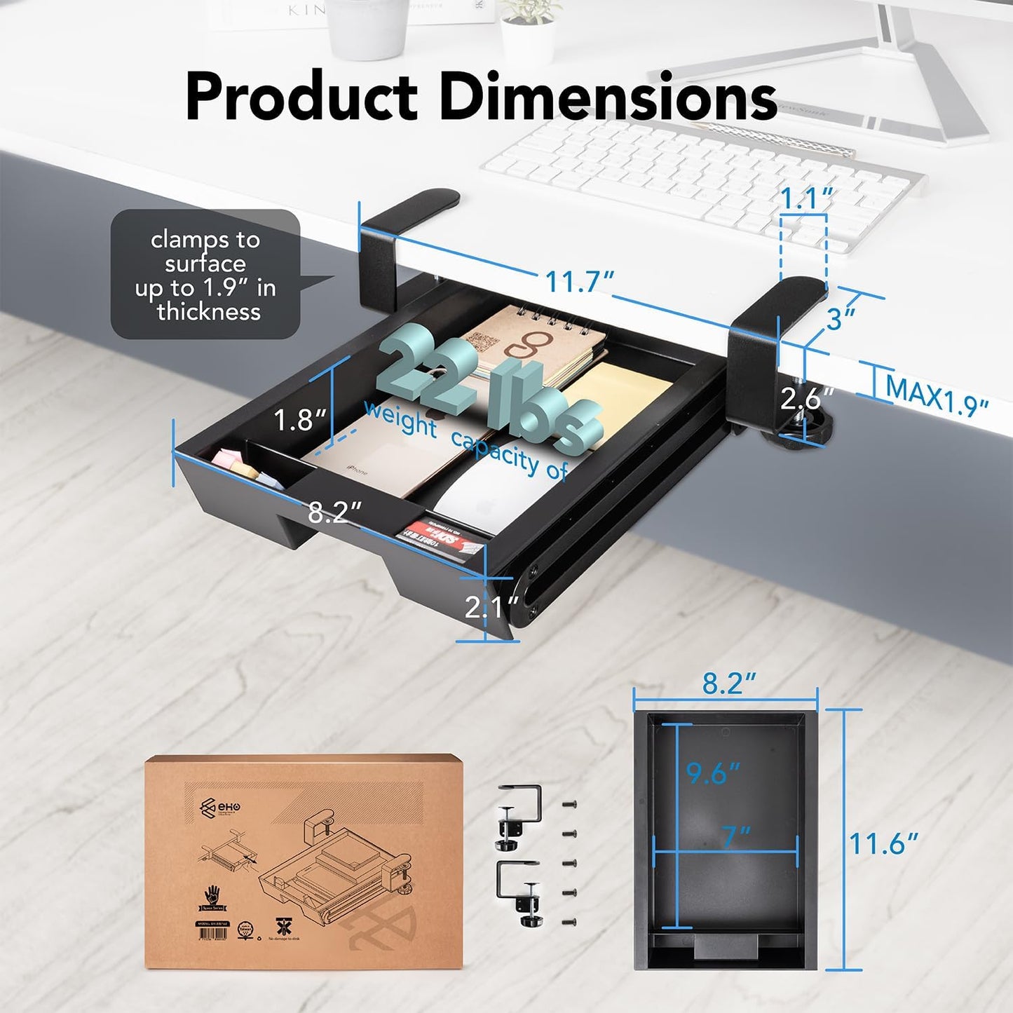 EHO Under Desk Slide-Out Storage Drawer, Small 11.7"x8.2" Pull-Out Organizer with Smooth Sliding Rail, Adjustable C-Clamp Mount, Black Tray for Home Office & Standing Desk