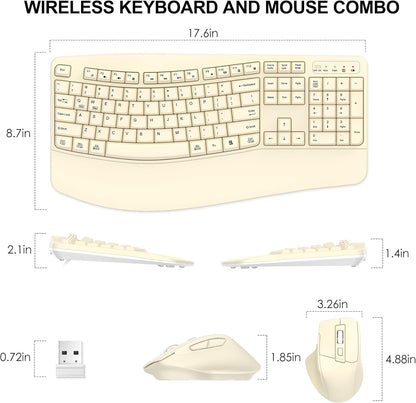 Wireless Keyboard and Mouse Combo, 2.4G Full Size Wave Keys Ergonomic Keyboard with Wrist Rest and 3-Level DPI Adjustable Wireless Ergonomic Mouse for Windows, Mac OS Desktop/Laptop/PC(Black)