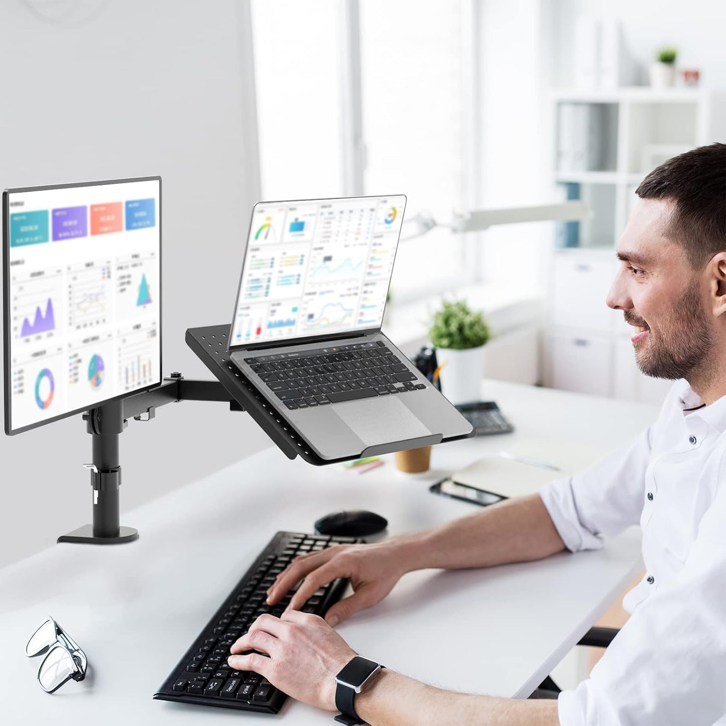 WALI Single Arm Laptop and Monitor Desk Mount for 17" Notebook and Up to 32" Screen, 2-in-1 Adjustable Monitor Arm with Laptop Tray, VESA 75x75 100x100,Holds 22-26.4 lbs, Black (GSMP001NLP)