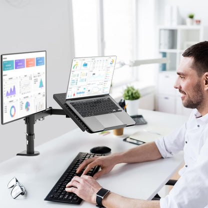 WALI Single Arm Laptop and Monitor Desk Mount for 17" Notebook and Up to 32" Screen, 2-in-1 Adjustable Monitor Arm with Laptop Tray, VESA 75x75 100x100,Holds 22-26.4 lbs, Black (GSMP001NLP)