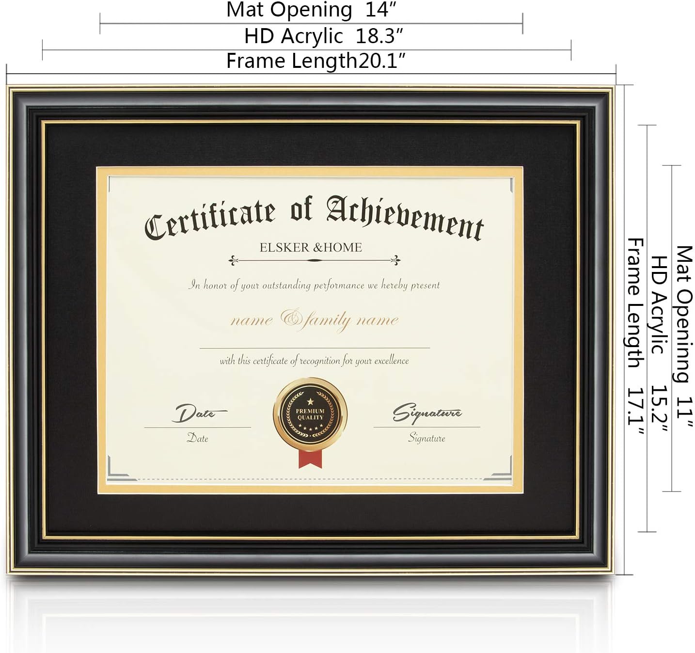 ELSKER&HOME Diploma Frame - Wide Solid Wood Frame - Black Velvet Golden Rim Mat - Semi-Tempered Glass - Includes Hanging Hardware and Desktop Easel(ONLY Display 11×14 Document/Certificate)