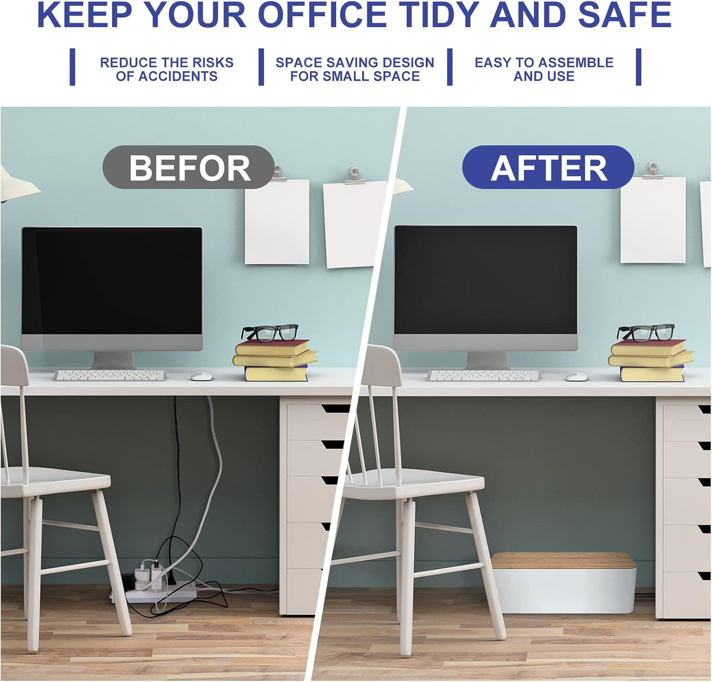 Cable Management Box - Wooden Style Large Cord Organizer Box to Hide Wires & Power Strips | Desk Computer Cable Organizer Box | Safe ABS Material |16" (L) x 6.2" (W) 5.3" (H)|for Home & Office - White