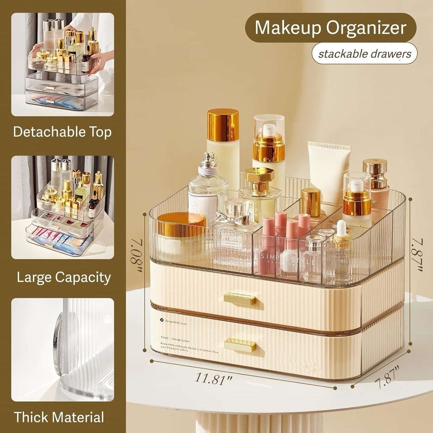 Stackable Cosmetics Organizer Drawers, Bathroom Vanity Makeup Organizers and Storage, Ideal for Desk and Dresser Countertops, Great for Palette, Skincare, Lipsticks, Nail Care. Green