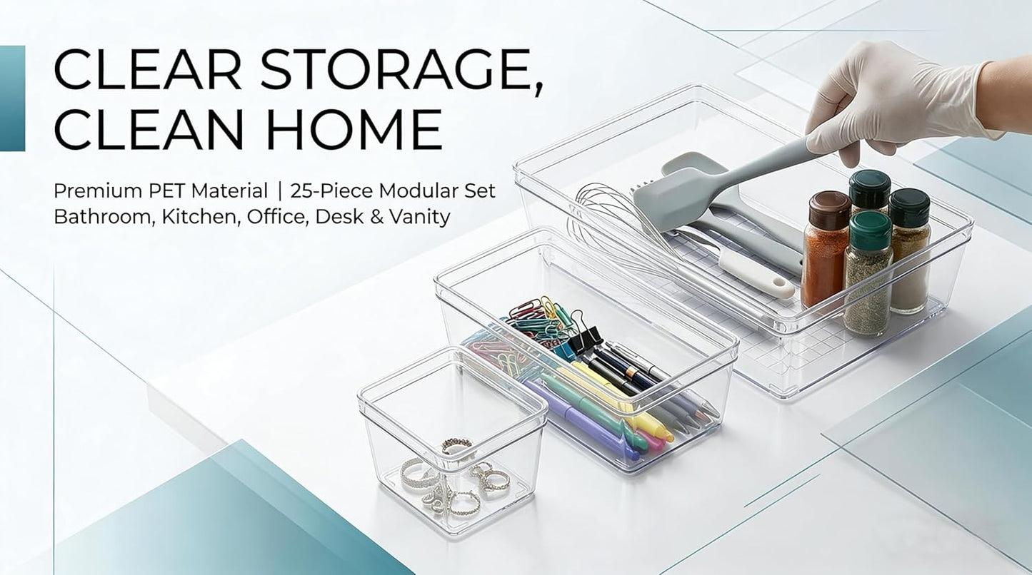 Clear Plastic Drawer Organizer Storage - 25Pcs 4 Size Desk Bathroom Kitchen Organizers and Accessories Office Organization, Vanity Stackable Drawers Bins Trays Containers Dividers Makeup Sets