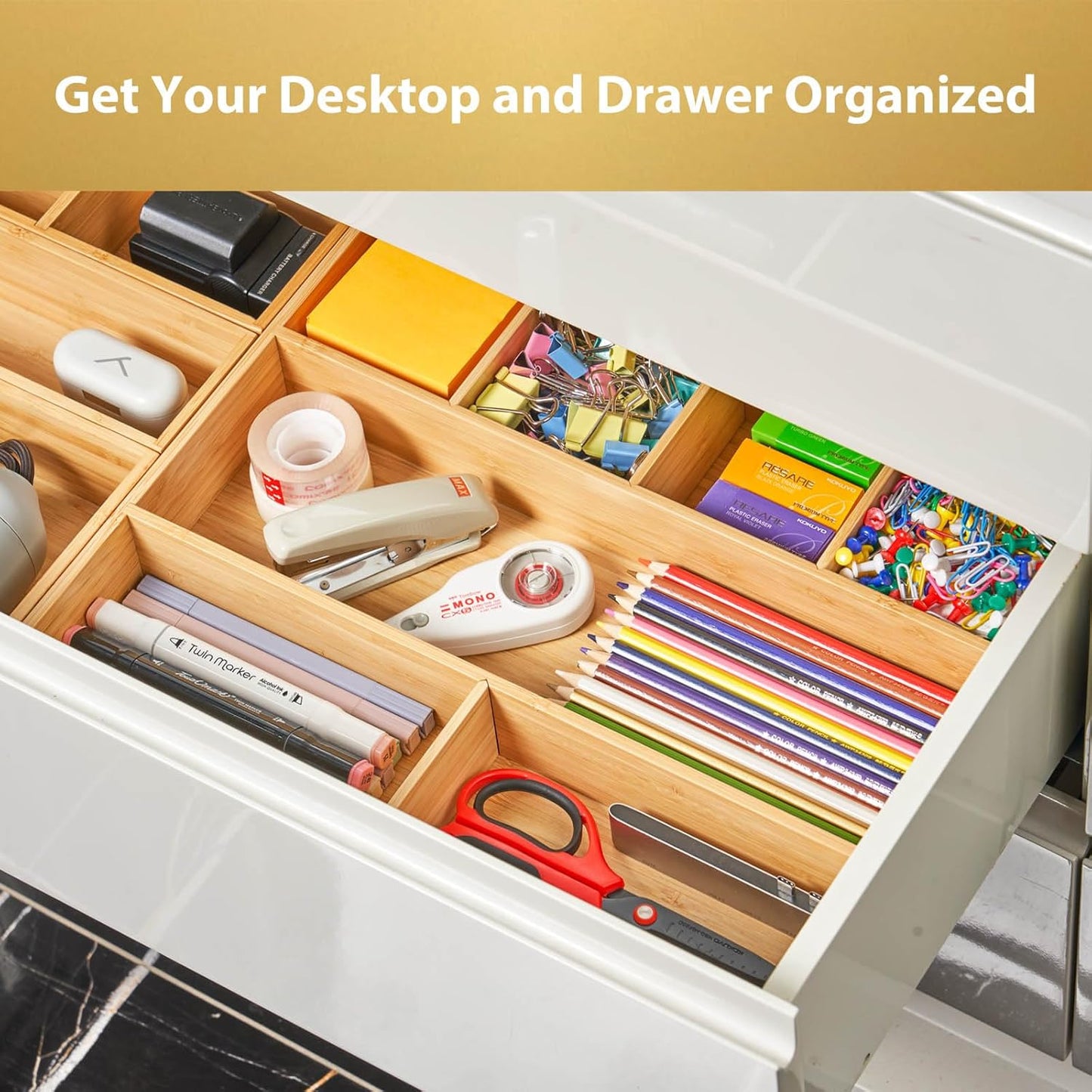 Umilife Bamboo Desk Drawer Organizer, Wood Junk Organizer Tray with Adjustable Dividers, Anti-Skip Storage Organization in Office Bathroom Drawer for Vanity, Makeup, 12" x 9"