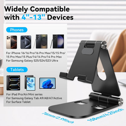 aceyoon Foldable Phone Stand for Desk, Fully Adjustable Cell Phone Holder with Anti-Slip Base, Compatible with iPhone 17/16/15/14/13/12/11 Pro Max & 4''-13'' Smartphones, Black