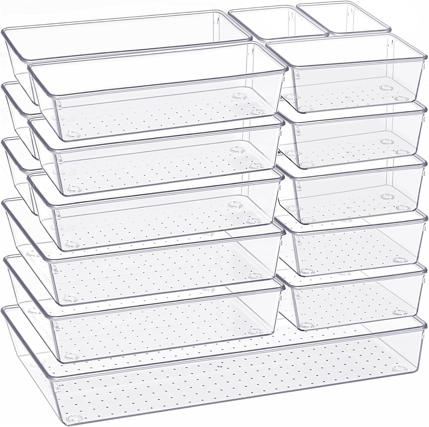Criusia Drawer Organizer, 10 Pack Large Clear Plastic Set, 3 Size Versatile Bathroom and Vanity Organizer Trays, Storage Bins for Makeup, Bedroom, Kitchen Utensils