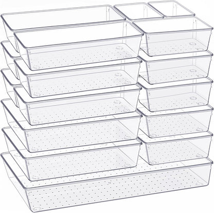 Criusia Drawer Organizer, 10 Pack Large Clear Plastic Set, 3 Size Versatile Bathroom and Vanity Organizer Trays, Storage Bins for Makeup, Bedroom, Kitchen Utensils
