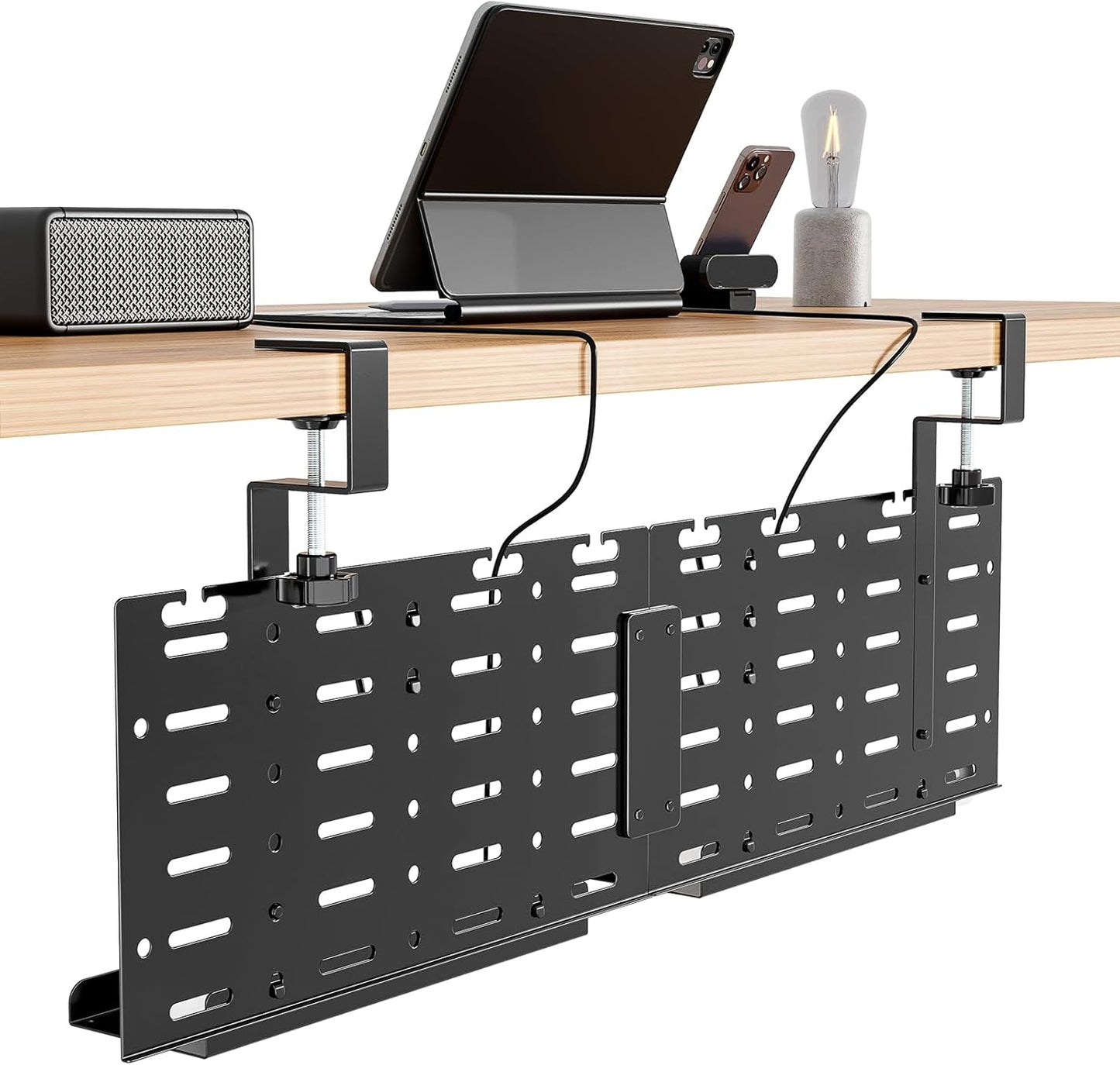 Under Desk Cable Management Tray, 30.2" Vertical Metal Pegboard Organizer for Power Strip, Cables, Clamp On Cord Organizer Rack with Hooks, Trays & Cable Straps for Home Office, White