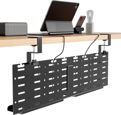 Under Desk Cable Management Tray, 30.2" Vertical Metal Pegboard Organizer for Power Strip, Cables, Clamp On Cord Organizer Rack with Hooks, Trays & Cable Straps for Home Office, White