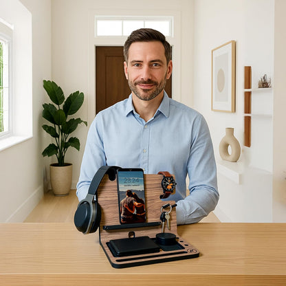 Namore Wood Phone Docking Station for Men – Nightstand & Desk Organizer with Valet Tray for Wallet, Watch & Keys – Bedside Organizer Gift for Husband or Dad