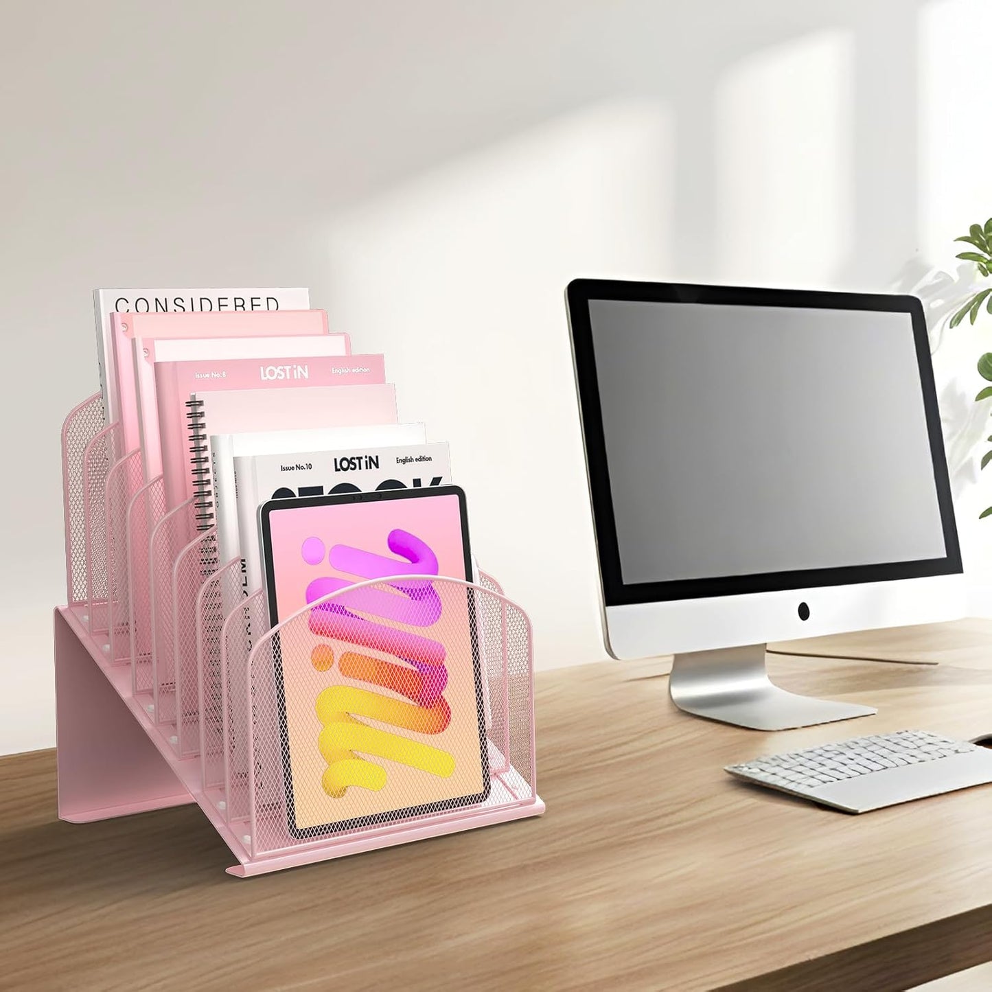 Inclined Desk File Organizer Metal Desk Magazine Folder Holder with 8-Section Vertical Compartments Rack File Organizer for Office, Home, School, Black