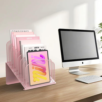 Inclined Desk File Organizer Metal Desk Magazine Folder Holder with 8-Section Vertical Compartments Rack File Organizer for Office, Home, School, Black
