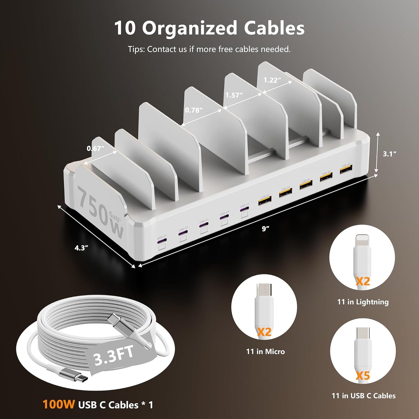750W Charging Station for Multiple Devices, Zobirez 10-Port Fast Charger, 5 USB-C 120W Each and 5 USB-A 30W Each, Desktop Charging Hub for Laptop Phone Tablet, Black