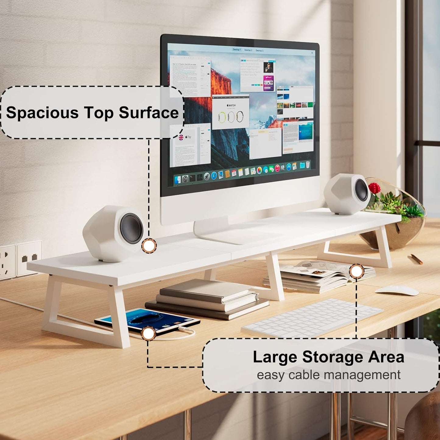 TEAMIX 42 inch Large [Dual] [Monitor] [Riser],Rustic Brown Extra Long TV [Stand Wood & Steel Desktop [Riser] with Storage for [Dual] Screen Office Desk Organization