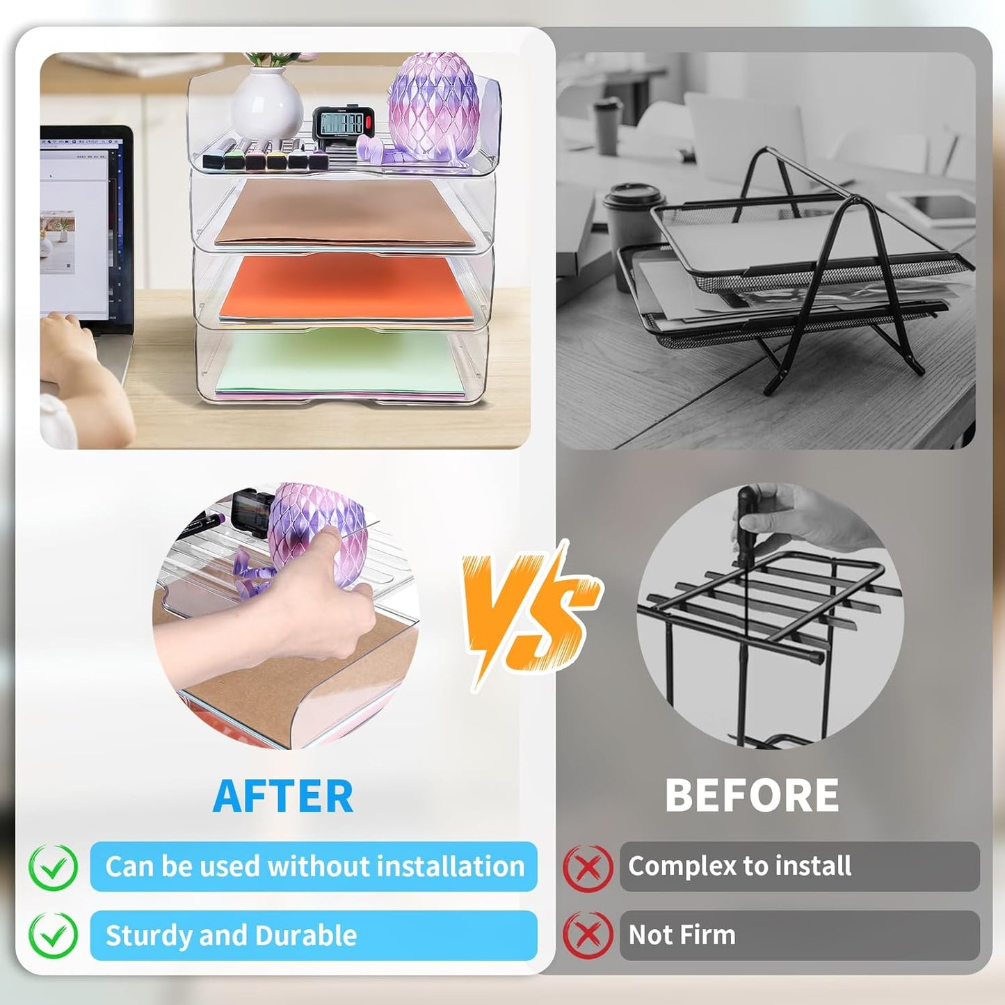 EXOFC Stackable Paper Letter Tray Organizer, 4-Pack Clear Desk File Holder for Paper, Office Organizer for A4 Documents, Books, iPad
