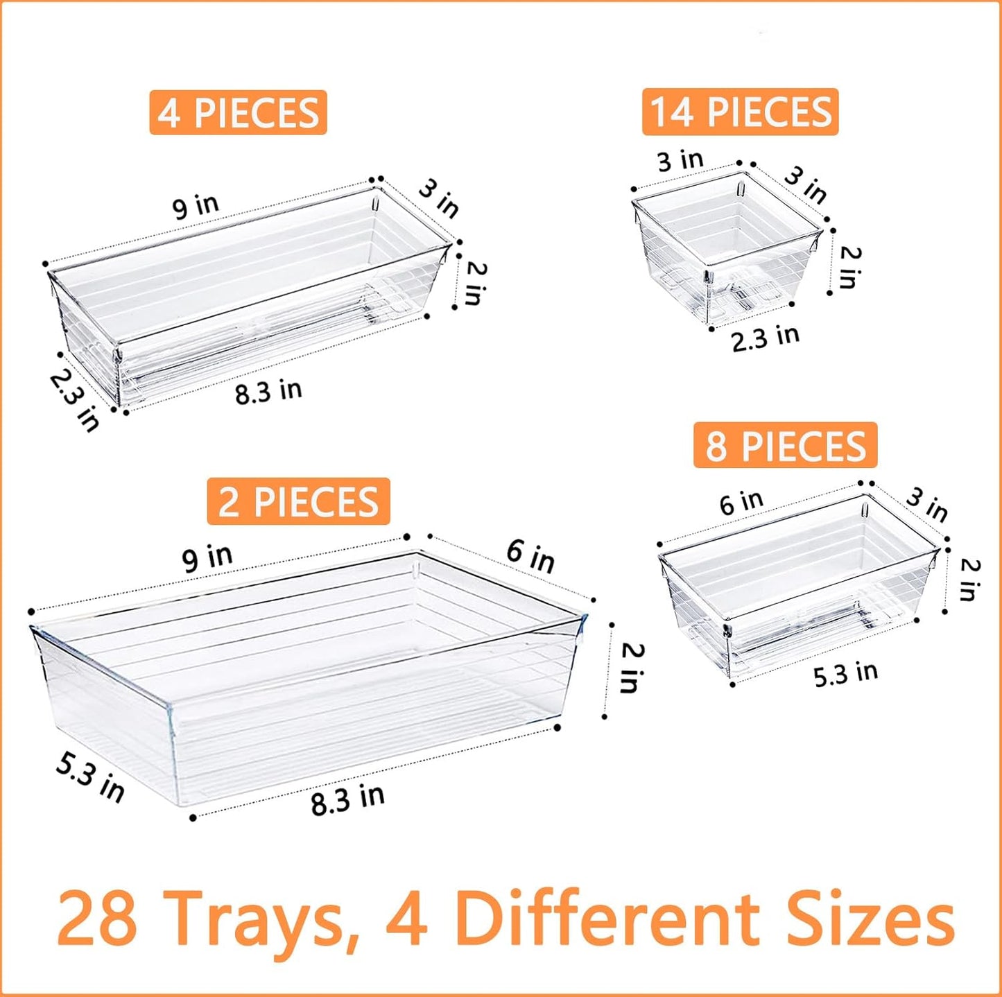 DCA 28 PCS Clear Plastic Drawer Organizers Set, 4-Size Versatile Bathroom and Vanity Drawer Organizer Trays, Storage Bins for Makeup, Bedroom, Kitchen Gadgets Utensils and Office