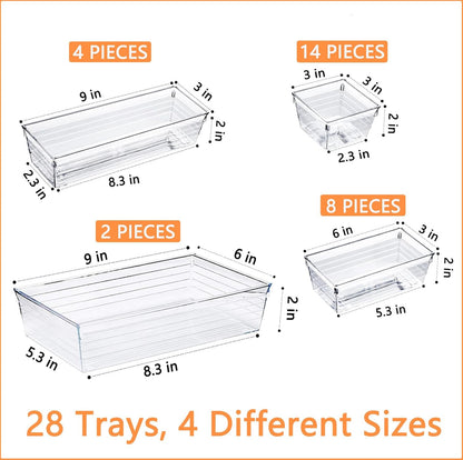 DCA 28 PCS Clear Plastic Drawer Organizers Set, 4-Size Versatile Bathroom and Vanity Drawer Organizer Trays, Storage Bins for Makeup, Bedroom, Kitchen Gadgets Utensils and Office
