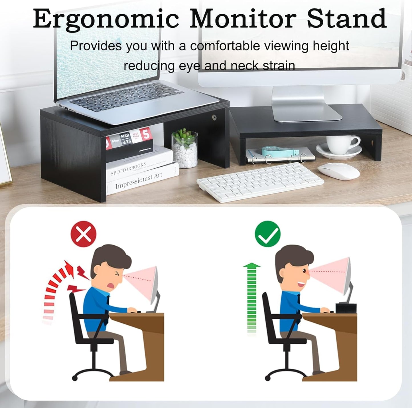 TEAMIX Adjustable White Monitor Stand Riser - 2 Pack, Wood 2 Tier Adjustable Stand for 2 Monitors/Laptop/PC