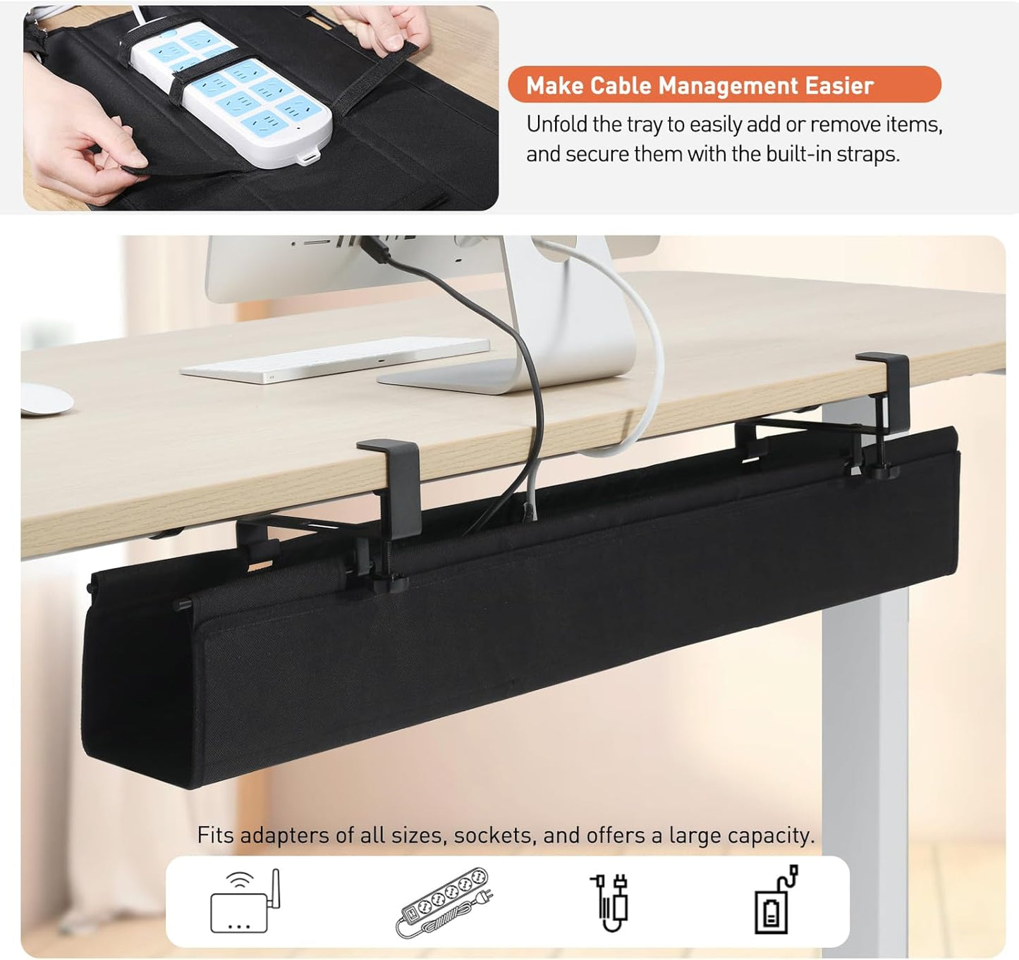 MAXECHO Under Desk Cable Management Tray 28" - Clamp on Wire and Cable Organizer for Storage and to Hide Cords - Ideal for Home Office - Premium Black Fabric Design