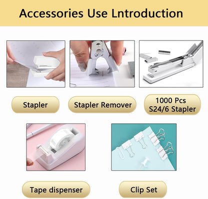 suniya Office Supplies,Gold Desk Accessories,with Stapler,Tape Dispenser,Pen Holder,Scissors,Phone Stand,Staple Remover,Ballpoint Pen,Clear Tape, Staples,Ruler,Clips,Best Gift for Business or Boss