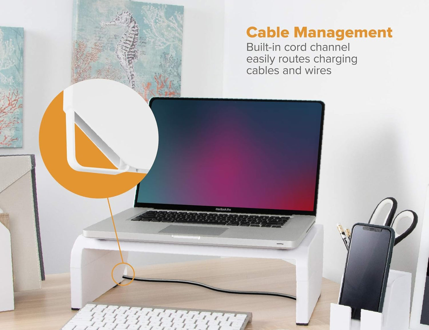 Bostitch Office Konnect Adjustable Monitor Stand Riser, 4 Height Adjustments, Built-In Cable Management, Rubber Feet - Black