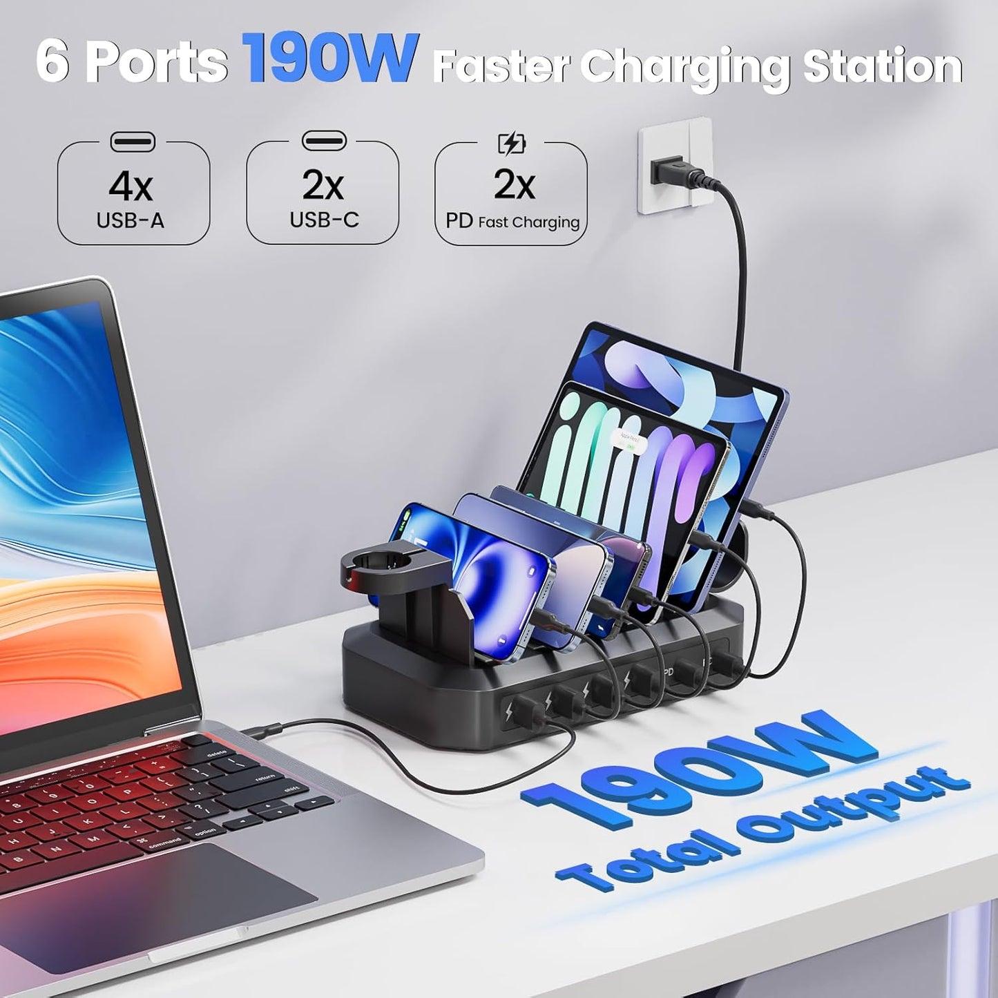[2026 Upgrade] 190W Fast Charging Station for Multiple Devices【Certified Safer Charging】 6 Port USB Charger Station - Multi-Device Charging Dock with Phone/MacBook/iPad/Tablet (8 Mix Cables Included)