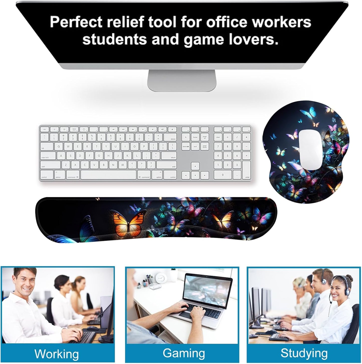 ArtSo Upgraded Wrist Rest Support for Mouse Pad & Keyboard, Ergonomic Gel Mousepad Non-Slip Rubber Base Home,Office Pain Relief, Easy Typing Cushion Neoprene, Soft Memory Foam, Purple Heart Butterfly