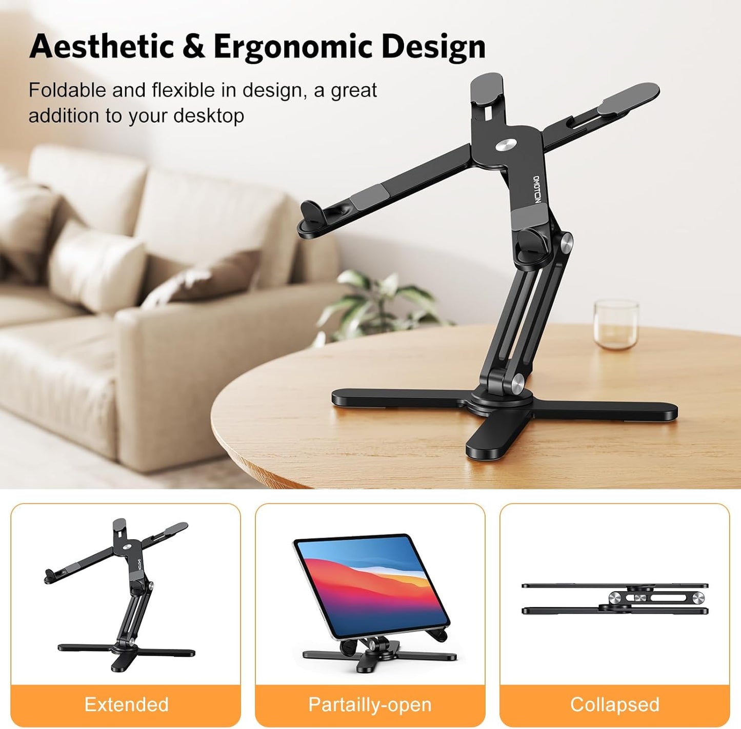 OMOTON LA10 360° Rotating Laptop Stand Riser for Desk, Ergonomic Foldable Computer Stand Adjustable Height Angles for Collaborative Work, Easy Storage Fit Macbooks,All Laptops up to 16 inches, Silver