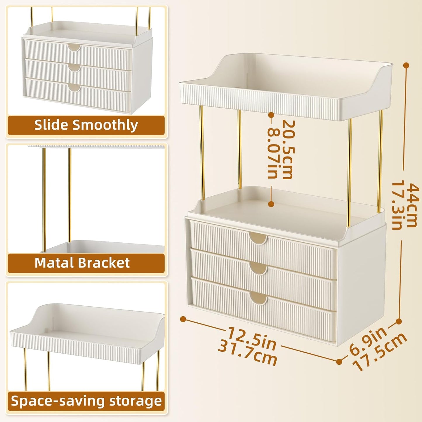 StorBin 3 Large Drawers Makeup Organizer - 5 Tier Bathroom Counter Organizers and Storage, Versatile Perfume Vanity Organizer, Ideal for Cosmetic, Large Skincare, Face Mask, Office Supplies, Amber