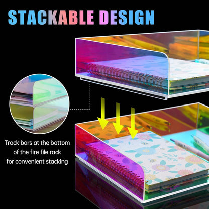 Acrylic Letter Tray 2-Tier Iridescent Stackable Desk Paper Tray Organizer and Office Accessories Supplies, Rainbow Letter Size Desk Accessories Storage Organization (Portrait)